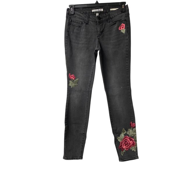 Code Bleu‎ Womens Embroidered Rose Skinny Jeans Size 4 Black Denim - Picture 2 of 7